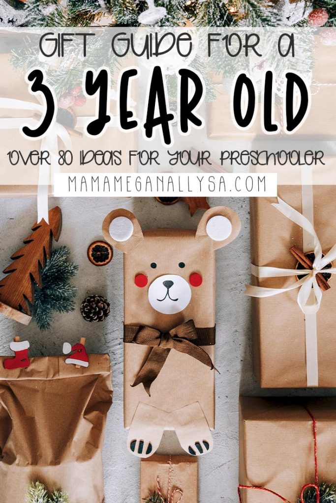 a pin image that reads gift guide for 3 year old over 80 ideas for your preschooler with an image of brown paper wrapped gifts laid out on the ground, with the center package wrapped to look like a bear.