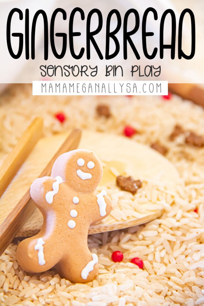 a pin that reads gingerbread sensory bin and shows a close up of a gingerbread man candy