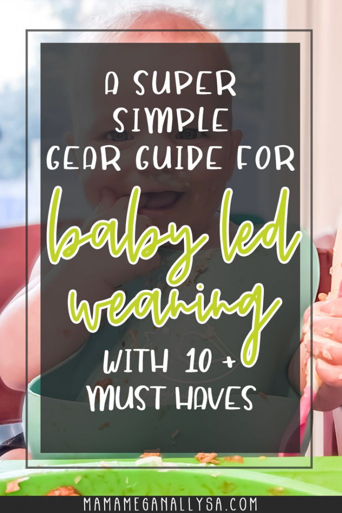 baby wearing a blue silicone bib, both covered in chili with text overlay that reads a super simple gear guide for baby led weaning with 10+ Must haves.