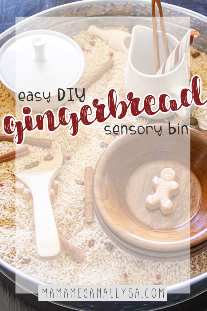 a pin that reads easy DIY gingerbread sensory bin with an image of the sensory bin behind it.