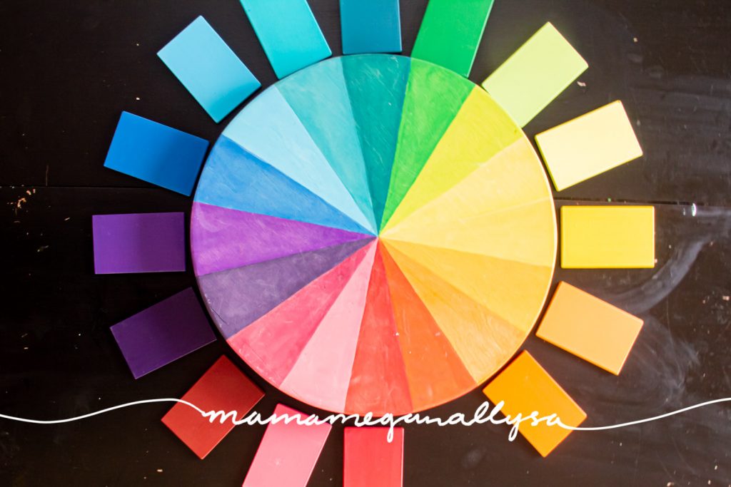 DIY Montessori color tablets arranged around my DIY color wheel lazy susan