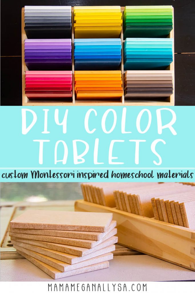 A pin images that reads DIY Color Tablets custom Montessori inspired homeschool materials with two image one showing a completed set of rainbow color tiles and the other showing what the tiles looked like before paint