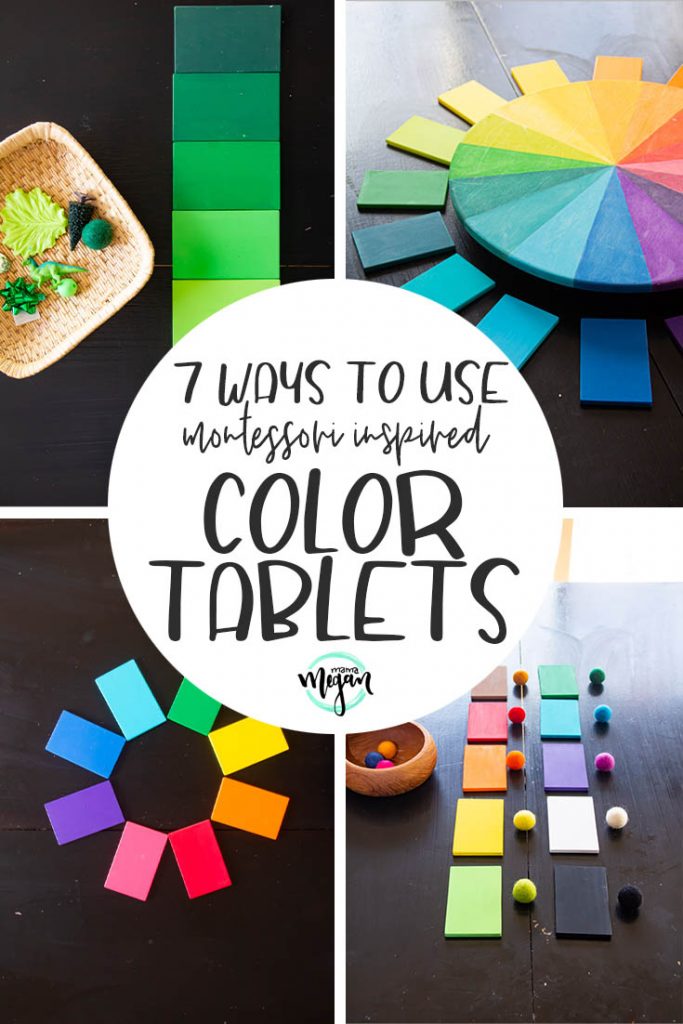 A pin image that reads 7 ways to use Montessori inspired color tablets with four images being that show different activities with color tablets