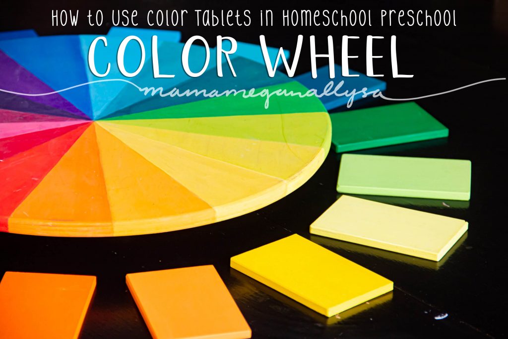 A pin image that reads how to use color tablets in homeschool preschool - Color Wheel that shows my DIY wooden color wheel with color tablets laid around it to match up with the colors on the wheel