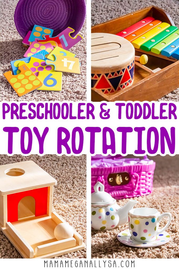 Pin image that reads preschool and toddler toy rotation, with four images of toys sitting on the floor