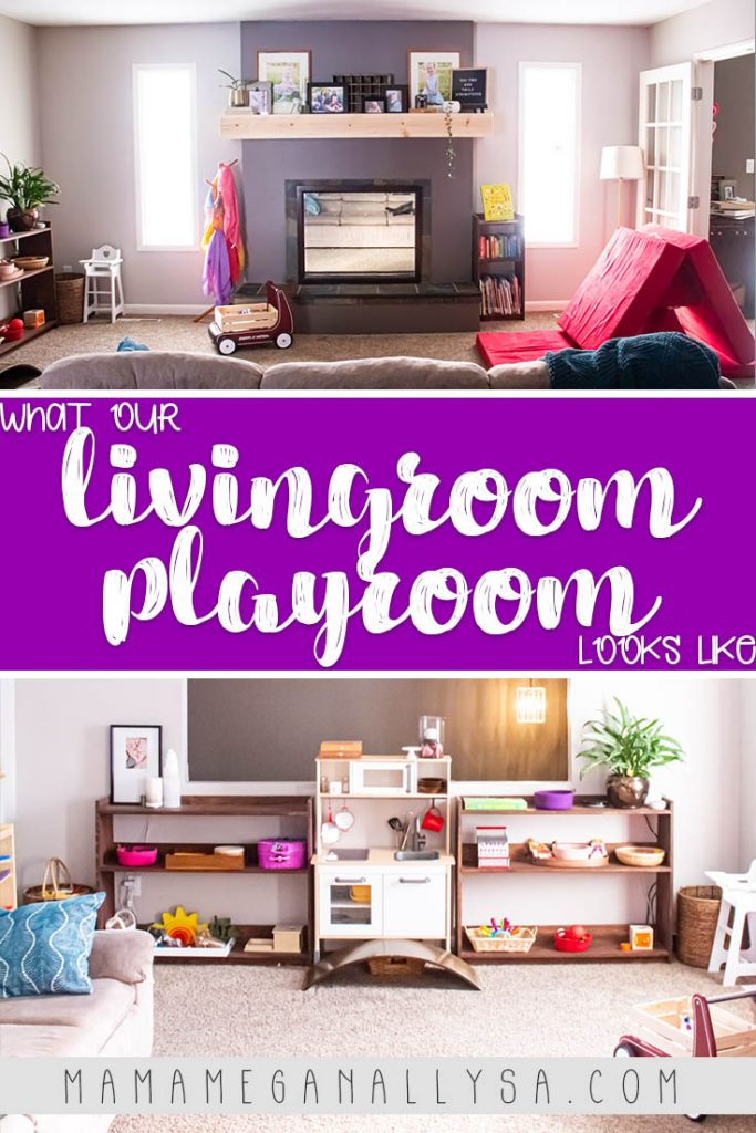 a pin image that says  what our livingroom playroom looks like with two images of the set up of our space. One showing our wall of toys on the play shelves and one showing the fireplace as well as the bookshelf and nugget couch