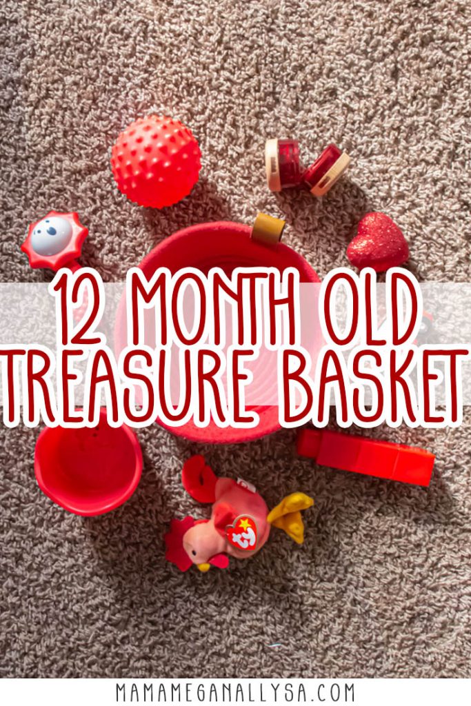 a pin images that says 12 month old treasure basket with a a top-down view of a red rope basket surrounded by a random collection of red baby toys