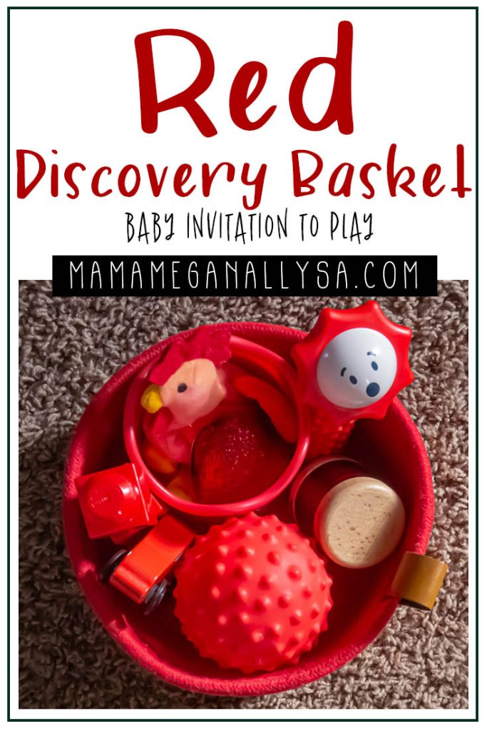 a pin images that says red discovery basket baby invitation to play with an image of a red basket filled with a random selection of red baby toys