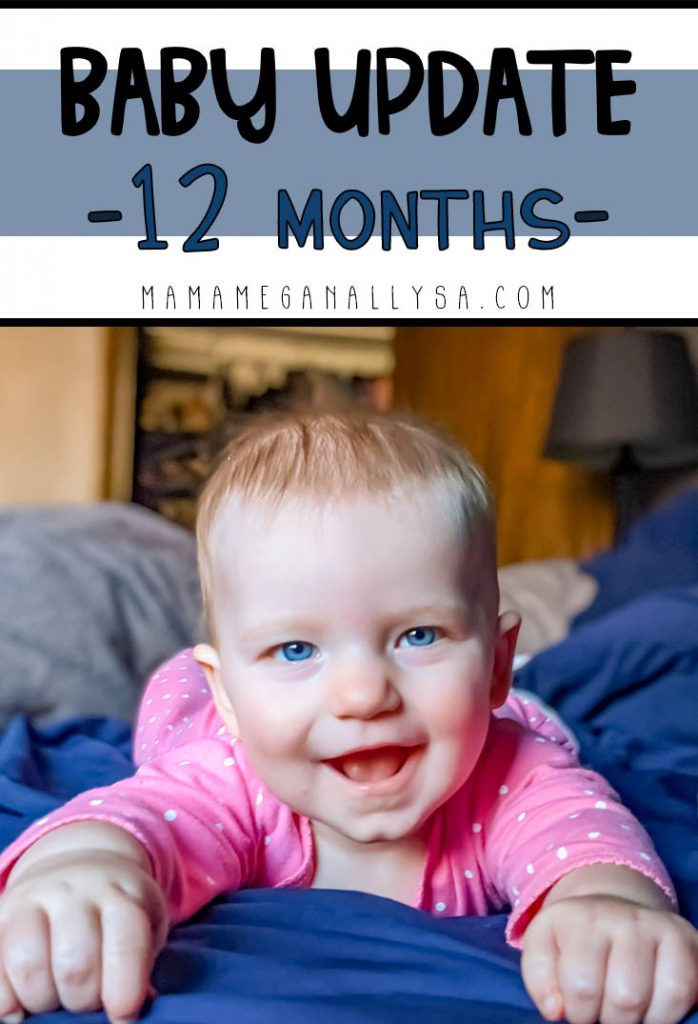 a pin image that says baby update 12 months with an image of baby girl layin gon her tummy smiling at the camera