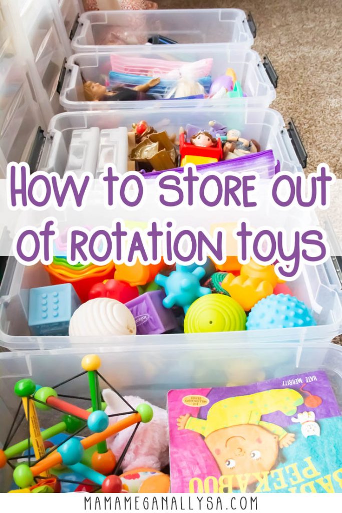 A pin images that reads how to store out of rotations toys with an image of toy bins in the background