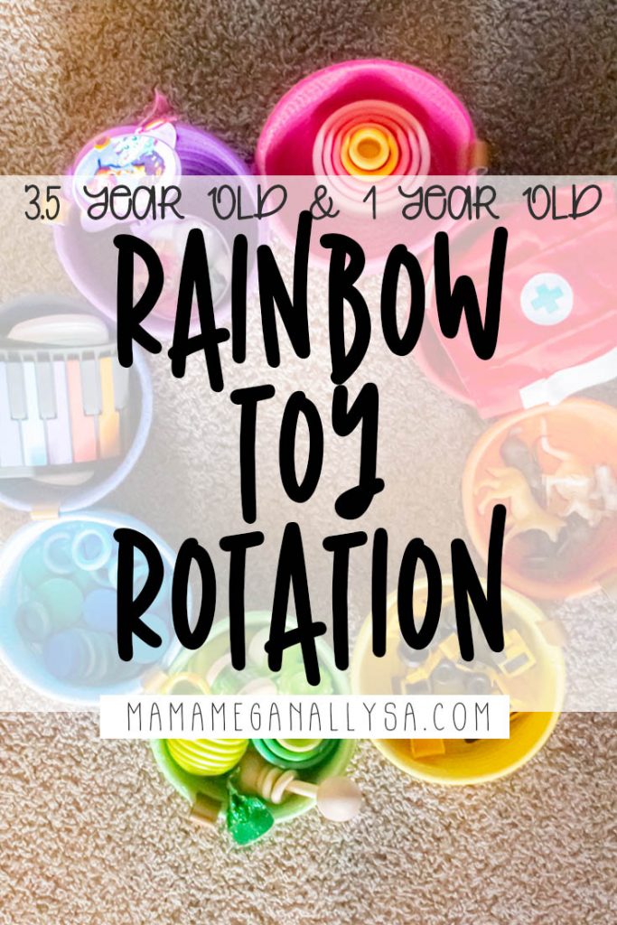 a pin image that reads 3.5 year old and 1 year old rainbow toy rotation with a  rainbow of colorful rope baskets full of colorful toys laid out in a circle