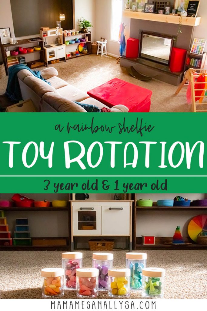 A pin images that reads a rainbow shelfie toy rotation 3 year old and 1 year old with an image of our living room playroom and our loose parts storage jars