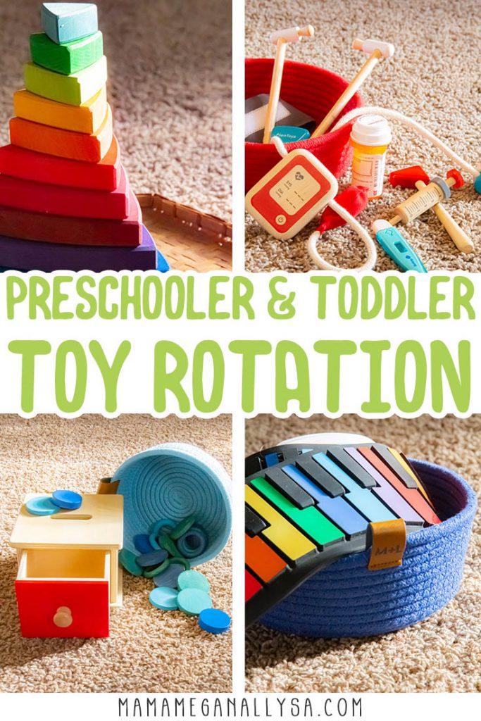 a pin image that read preschooler and toddler toy rotation with some close up of some toys