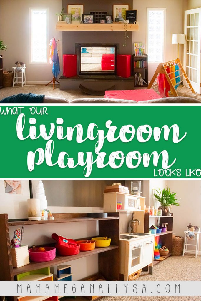 a pin image that reads what our livingroom playroom looks like with a  couple of images of our livingroom playroom