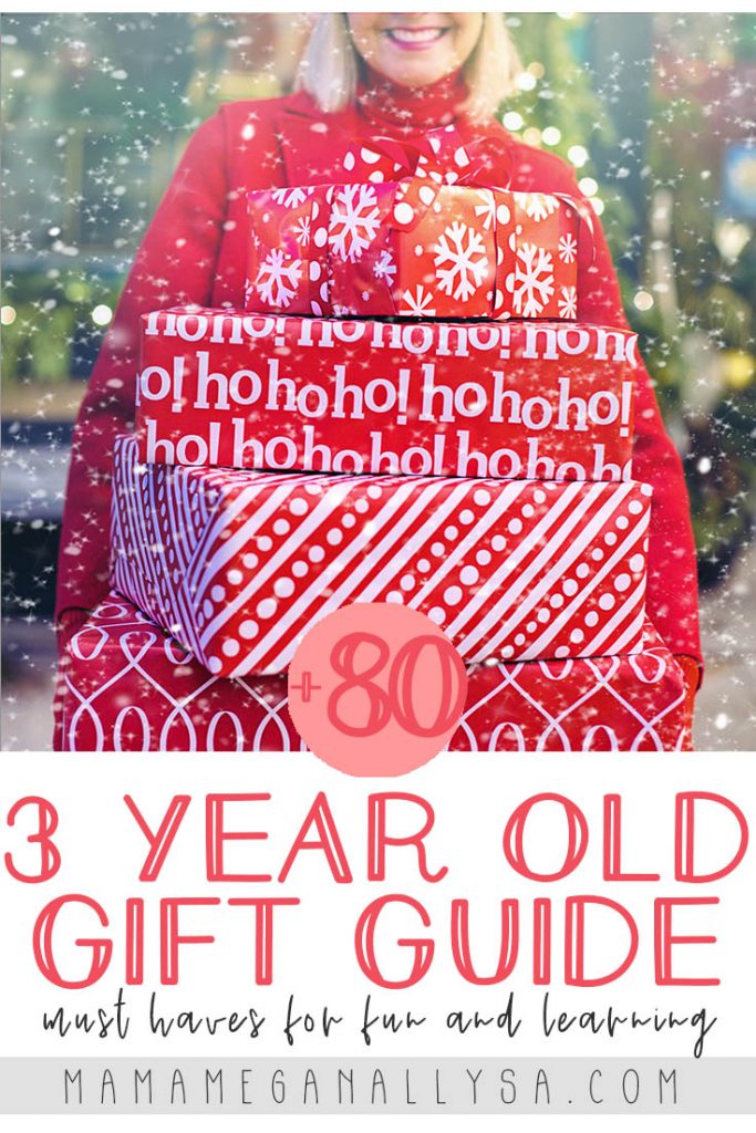 a pin image of with the text that reads +80 3 year old gift guide