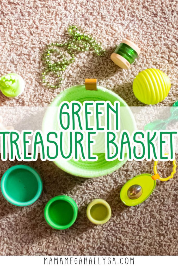 A pin images that reads green treasure basket with a with an image of green toys around a green rope basket