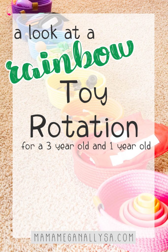 A pin images that reads a look at a rainbow toy rotation for a 3 year old and a1 year old with a rainbow of rope baskets in the background