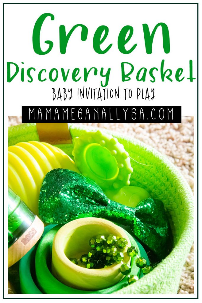 A pin images that reads green discovery basket baby invitation tot play with a close up of the green toys