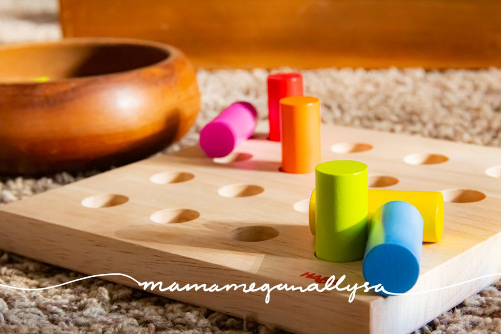 a close up of HABA pallet of pegs 