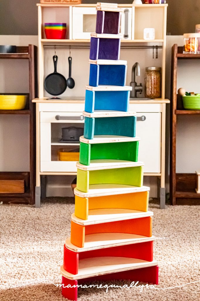 our Grimms rainbow and DIY semi-circles 
 stacked into a tower