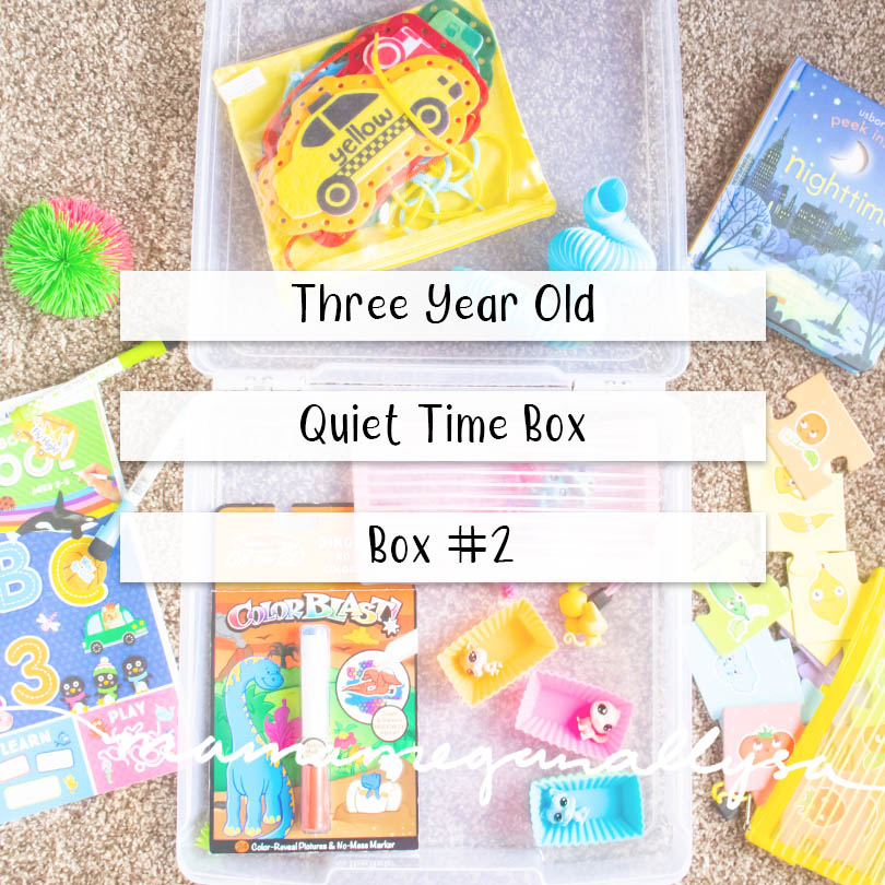 a pin image that reads three year old quiet time box - box #2 over an image of a plastic box with the toys, books, and puzzles scattered all around it