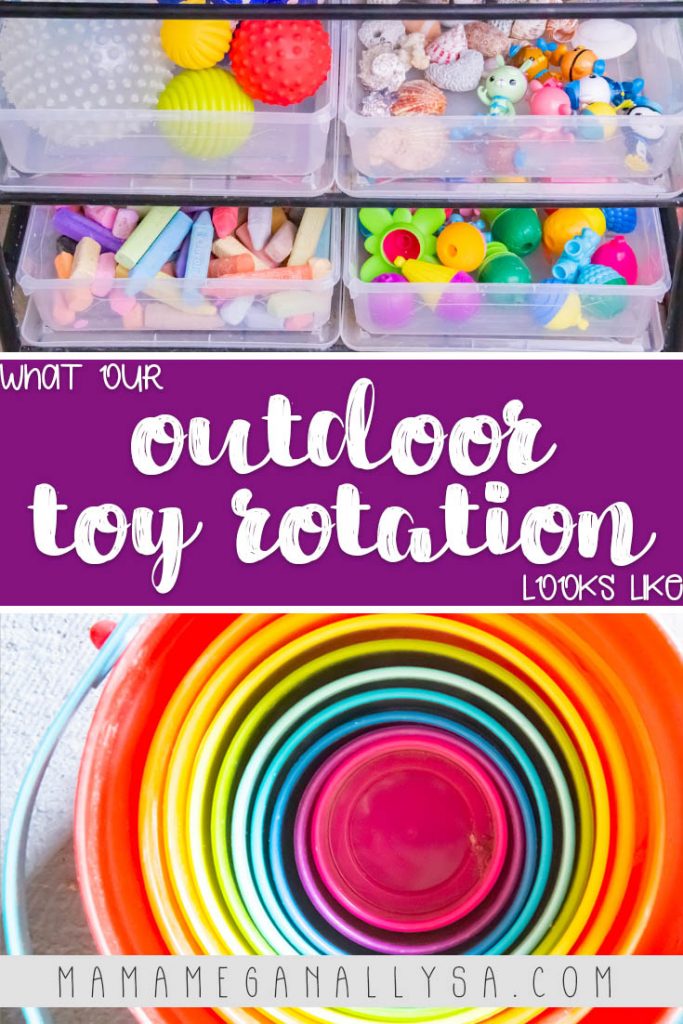 a pin image that reads  what our outdoor toy rotation looks like with two images one with all the baskets filled with toys for the backyard and one with some nesting buckets