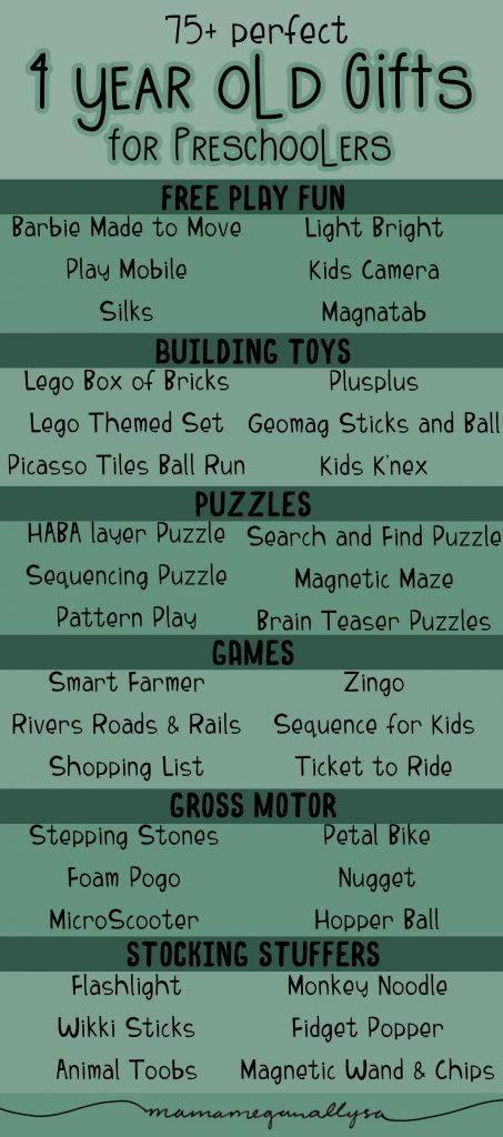 a pin image that shows a list of some of my favorite ideas from my 4 year old gift guide split into categories like free play fun, building toys, puzzles, games, gross motor and even stocking stuffers