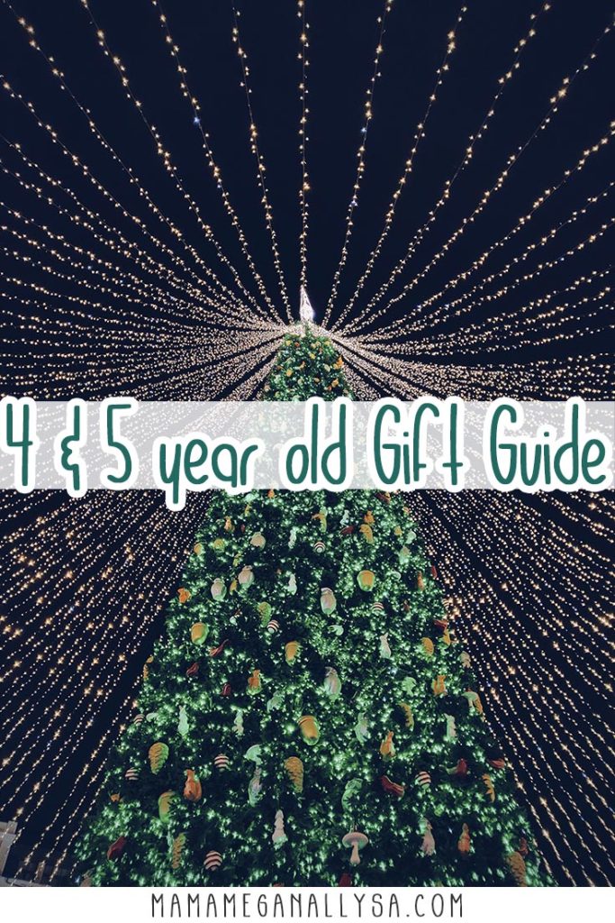 A pin image that reads 4 & 5 year old gift guide across the middle with an image of a very tall christmas tree covered in green lights. There are white lights attached at the top and draping out and down