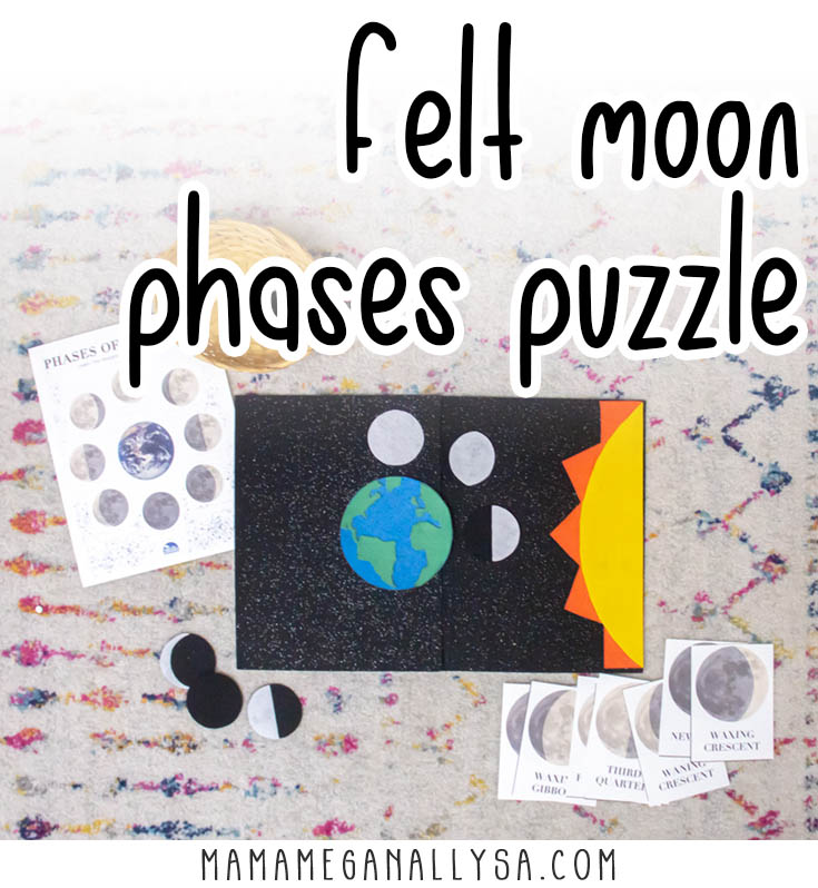 felt moon phases puzzle with DIY moon phases on a black felt background as well as a poster and flash cards showing the phases