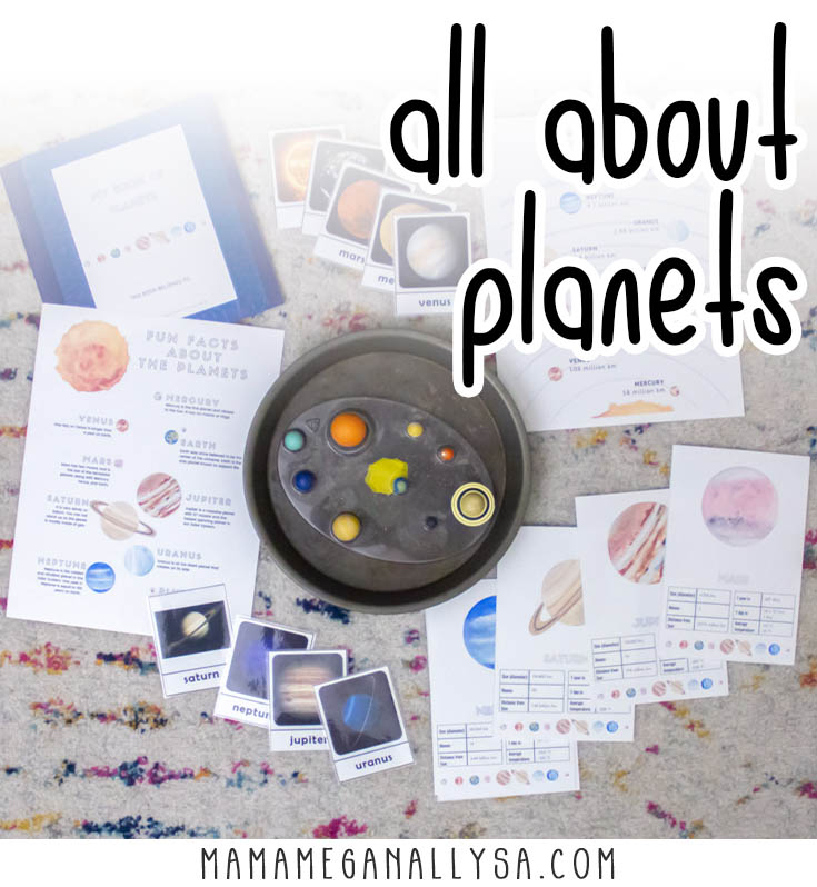 all about planets graphic with an image of planet 3 part cards, planet figures, a blank book and infographics