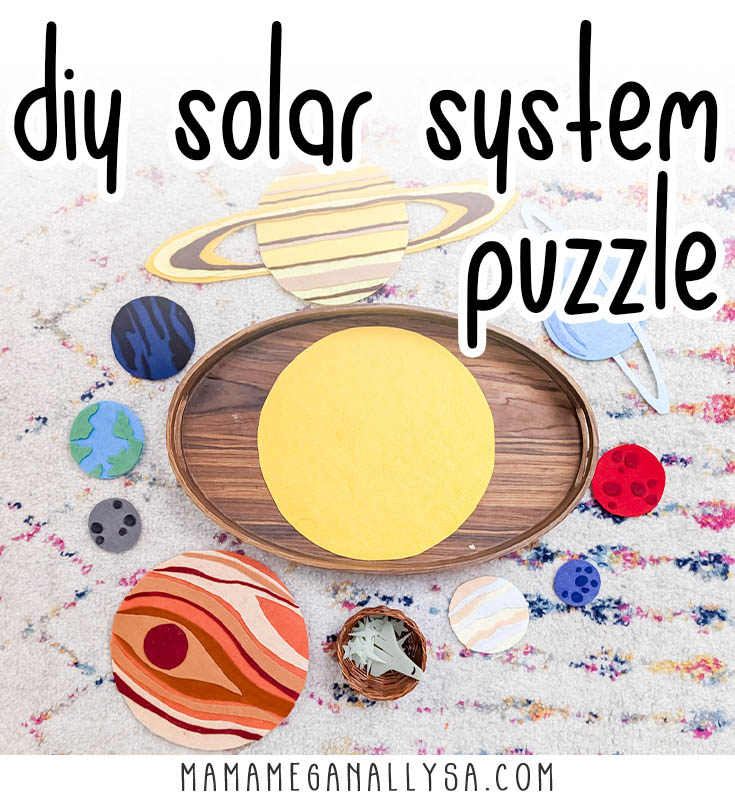 a set of diy felt planets surrounding a wooden tray that holds the felt sun