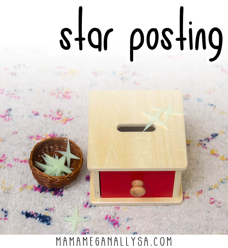 a wooden coin box and a small basket of glow in the dark stars for posting into the box