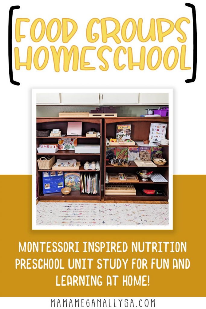 Pin image that reads food groups homeschool Montessori inspired nutrition preschool unit study for fun and learning at home with an image of our homeschool shelf for our food unit study