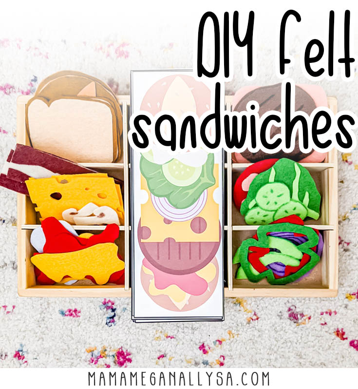 felt food pieces in a wooden tray with printed visual recipes for sandwiches