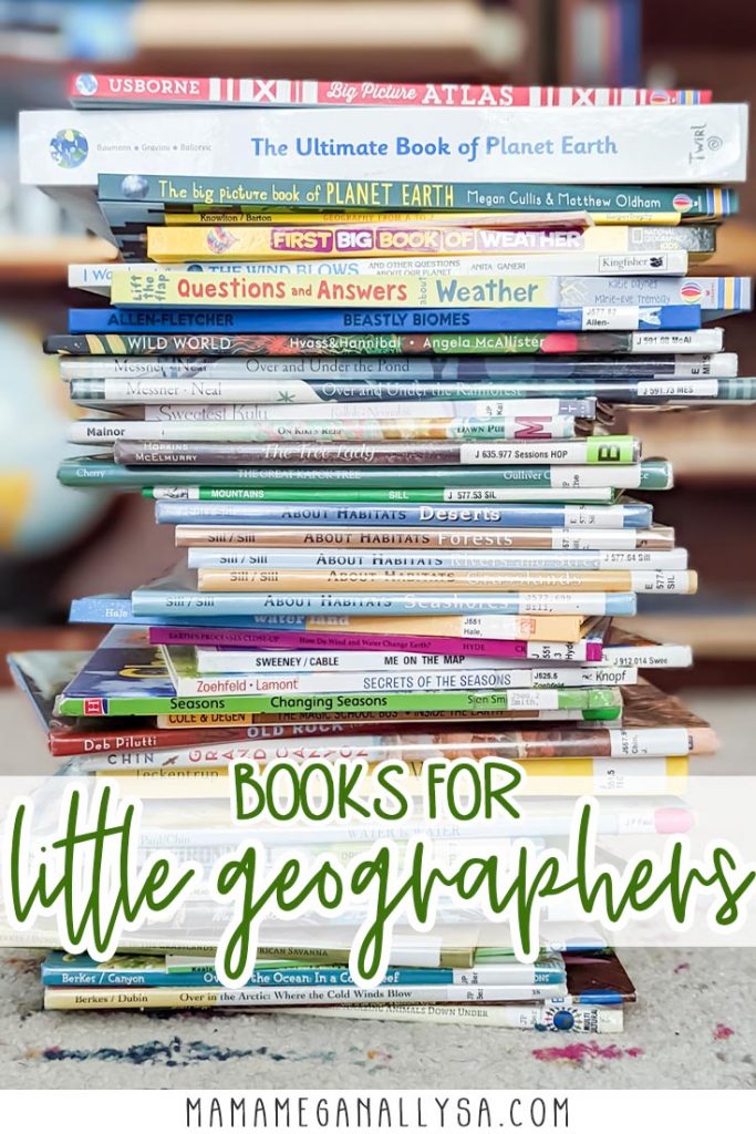 a pin image that reads books for little geographers with a stack of books behind the text