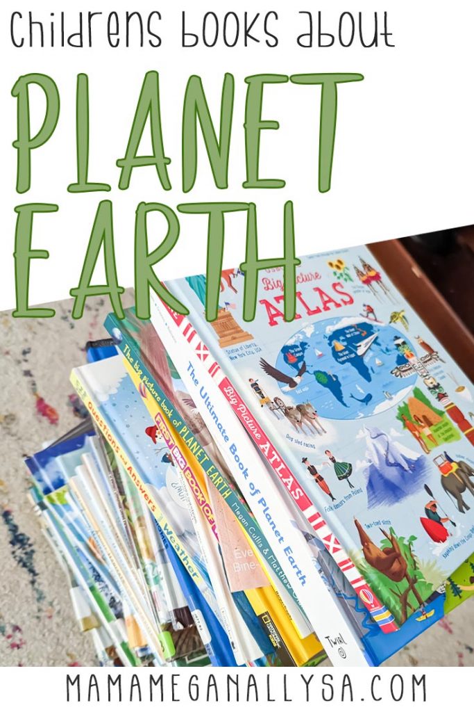 a pin image that reads children's books about planet Earth with an image of a tall stack of books below