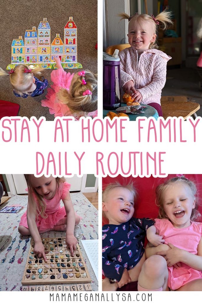 a pin image that reads stay at home family daily routine