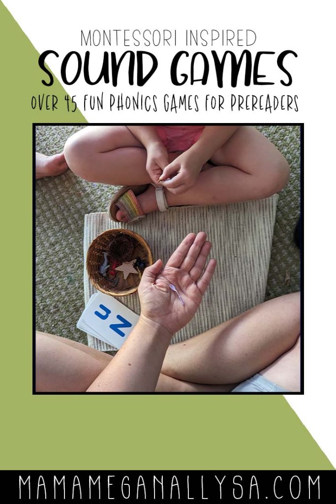 a pin image that reads Montessori inspired sound games over 45 fun phonics games for prereaders that shows an image of child sitting crosslegged next to a work mat that has a wicker basket on it with language objects in it. opposite the child is a grown-up sitting cross legged with their hand reached out with a small plastic spoon in their palm