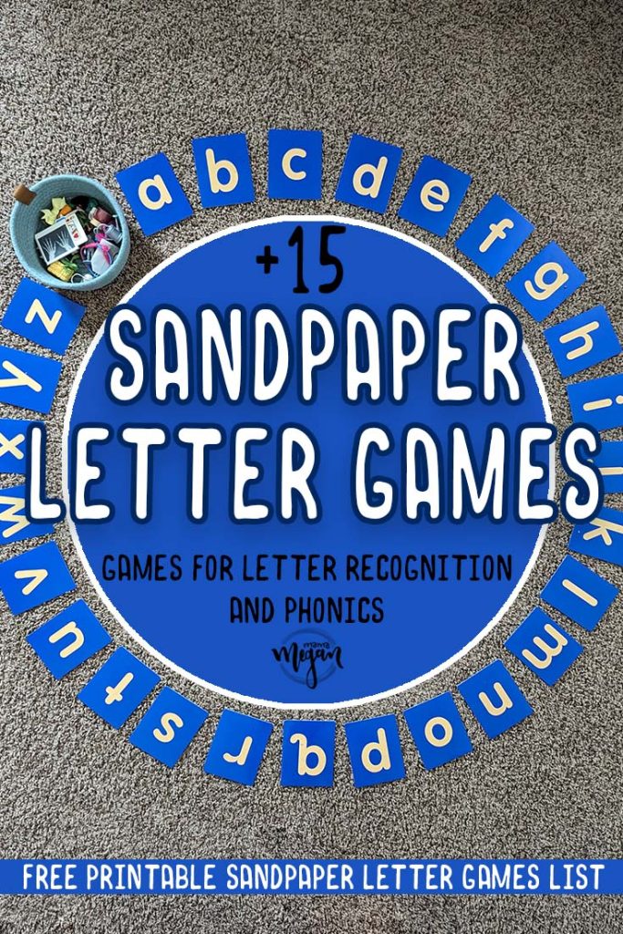 a pin image that reads +15 sandpaper letter games - games for letter recognition and phonics in a big blue circle around the blue circle is a circle of blue sandpaper letters in ABC order with a basket of sound objects in the circle as well