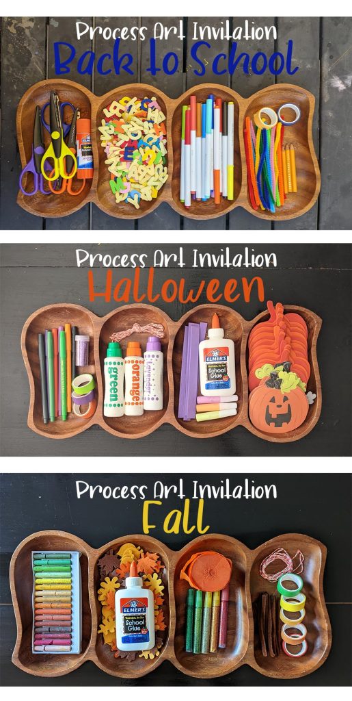 three pictures of a brown wooden divided tray full of a variety of art supplies in each images. The Top says Process Art Invitation Back to School, then Process Art Invitation Halloween, lastly Process Art Invitation Fall