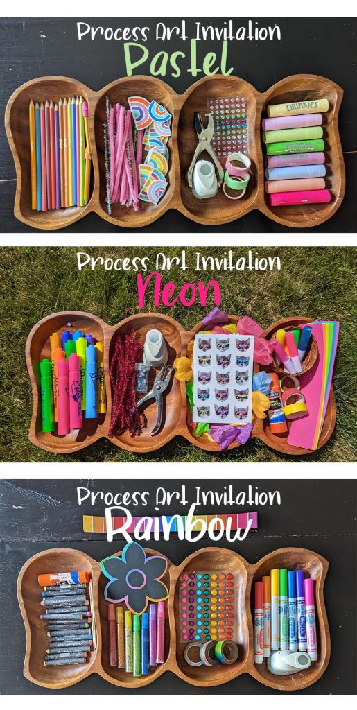 three pictures of a brown wooden divided tray full of a variety of art supplies in each images. The Top says Process Art Invitation Pastel, then Process Art Invitation Neon, lastly Process Art Invitation Rainbow