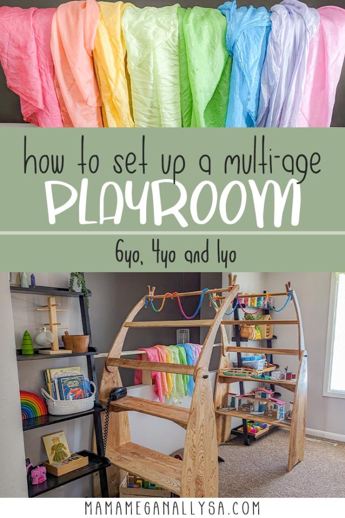 a pin image that reads how to set up a multi ate playroom 6yo 4yo and 1yo