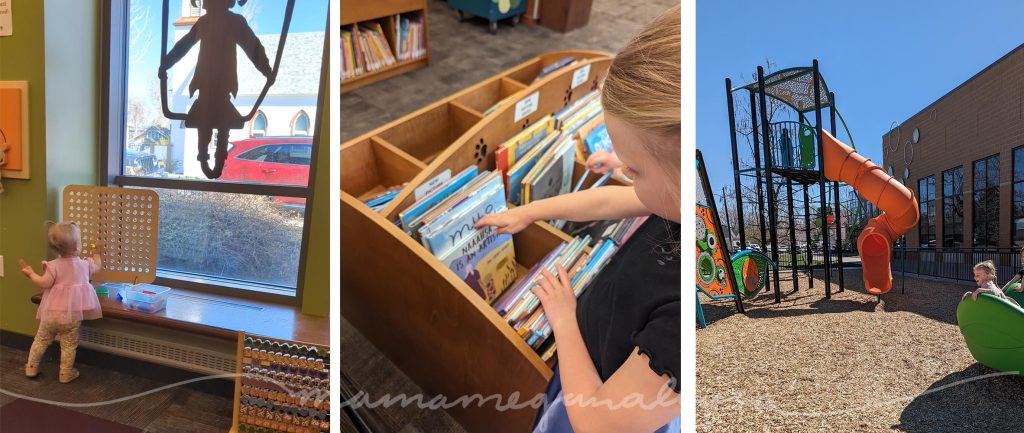 a trio of images the left shows a young toddler playing with a a peg board in front of a window
the middle shows a 6 year old flipping through a bin of books
the right most shows a 4 year old on a green merry go round at a playground