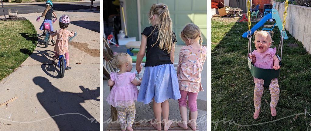 a trio of images
the left shows a  6 year old and 4 year old on bikes in the driveway, their shadows are fully visable next to them as well as a shadow from dad in the forground
the middle images shows three little girls with their backs to us stand in a row. A 1 year old on the left, a 6 year old in the middle and a 4 year old on the right
the right image shows a 1 year old in a green bucket sink with a big grin on her face