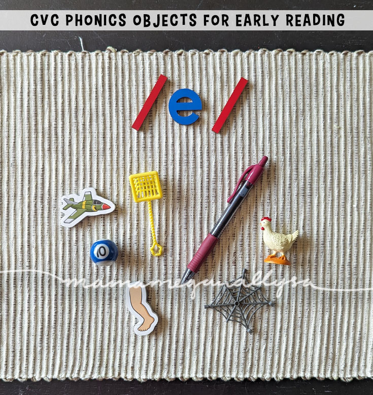 an image of a woven mat with a wooden letter /e/ at the top. Below it are a collection of CVC phonics objects. A jet magnet, net, pen, mini 10 pool ball, hen, leg and web