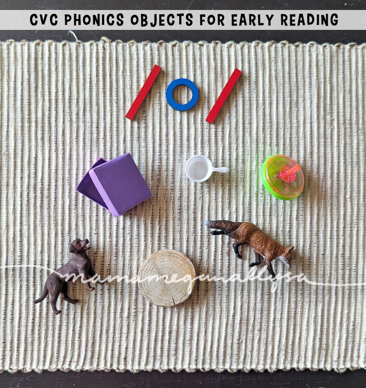 an image of a woven mat with a wooden letter /o/ at the top. Below it are a collection of CVC phonics objects. A box, pot, top, dog, log, and fox