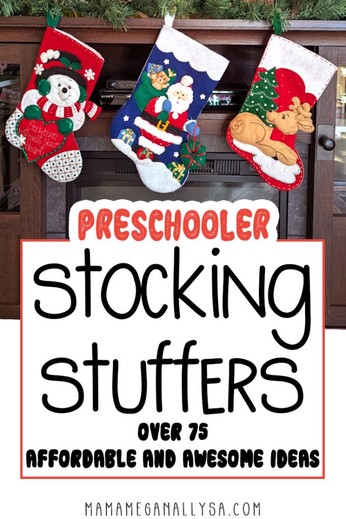 a pin image that reads preschooler stocking stuffers with over 100 affordable and awesome ideas with an image of a trio of felt embordered and sequined Christmas stockings hanging in front of the fireplace