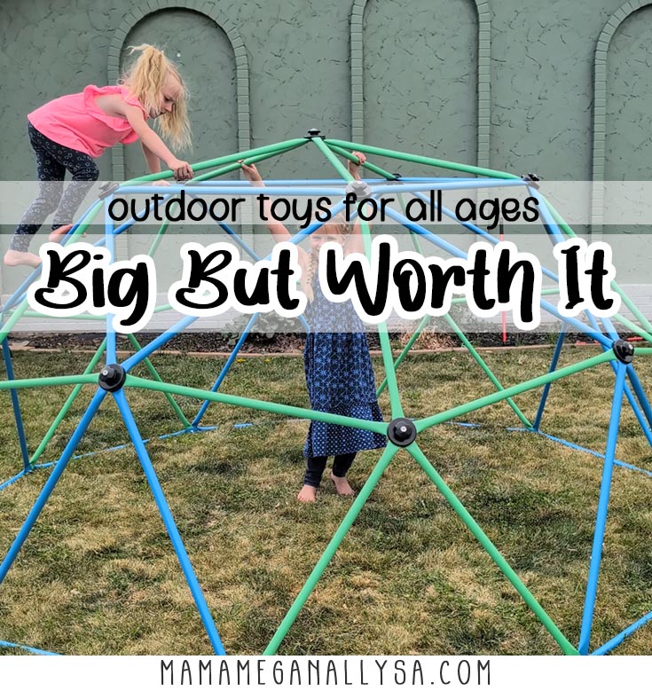 a pin image that reads outdoor toys for all ages, Big but worth it with an image of two kids climbing and hanging from the dome