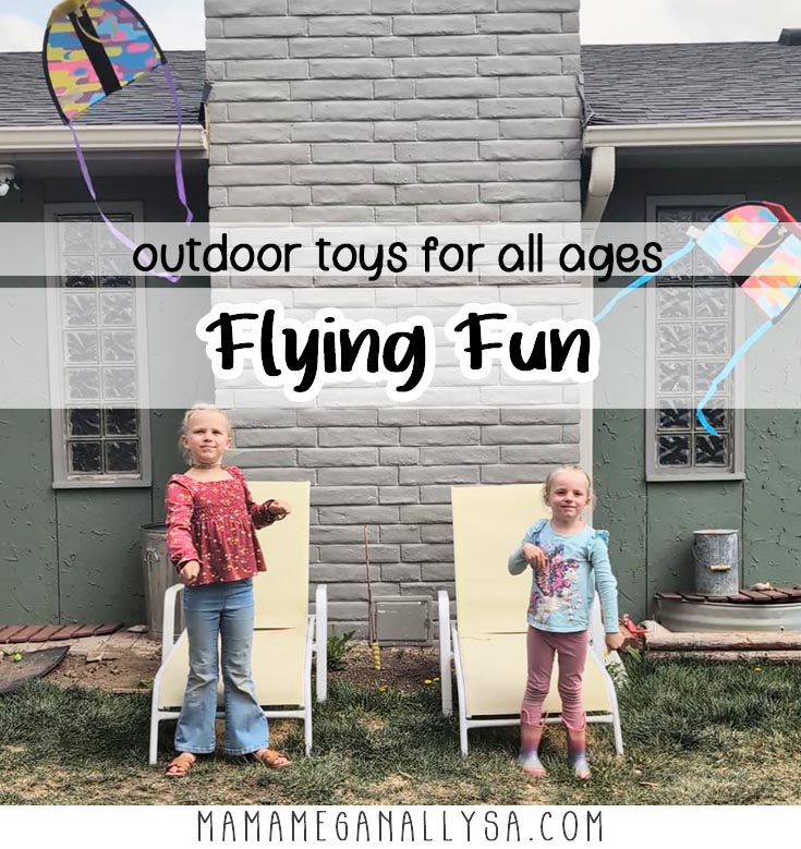 a pin image that reads outdoor toys for all ages, flying fun with an image behind the text that shows two girls standing in front of lounge chairs right after they have launched finger kites.
