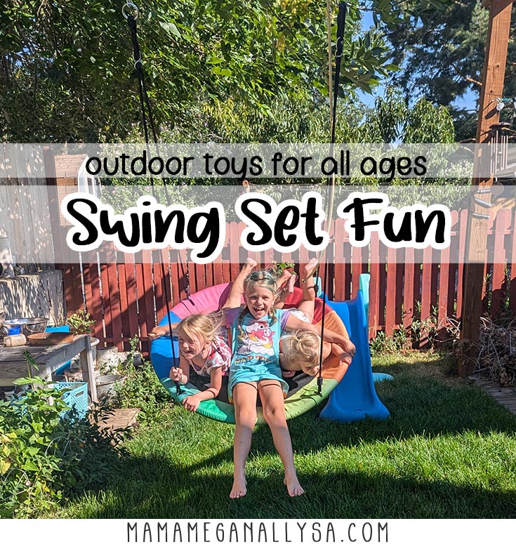 a pin image that reads outdoor toys for all ages, swing set fun with an image behind the text that shows three kids on a disk swing laughing as the swing swings forward